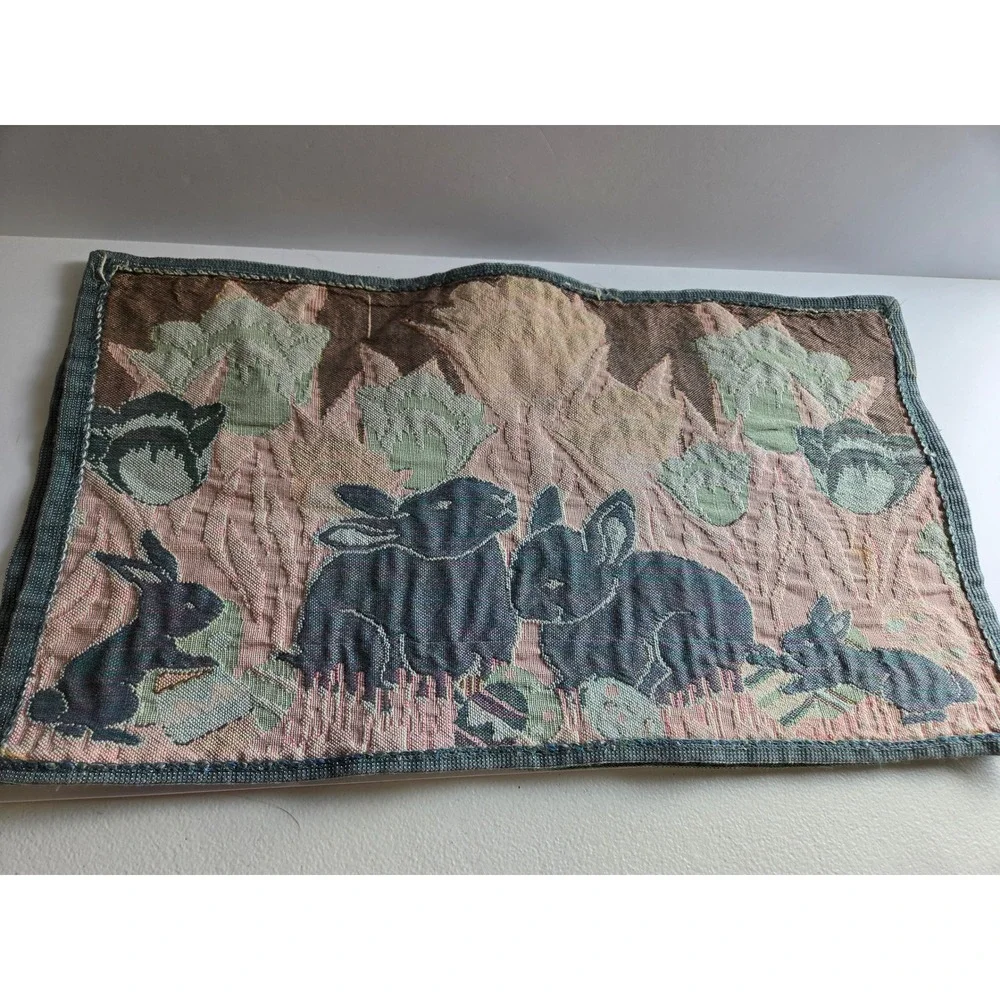 Vintage Woven Tapestry Easter Bunny Tulip Placemat Spring Decor Set of Two